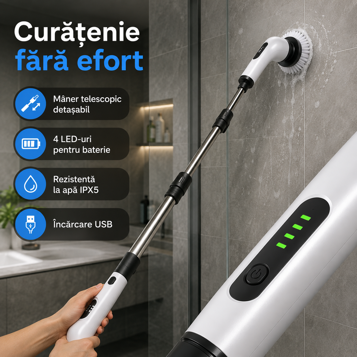 Perie electrică de curățenie 9 în 1, fără fir, cu mâner telescopic