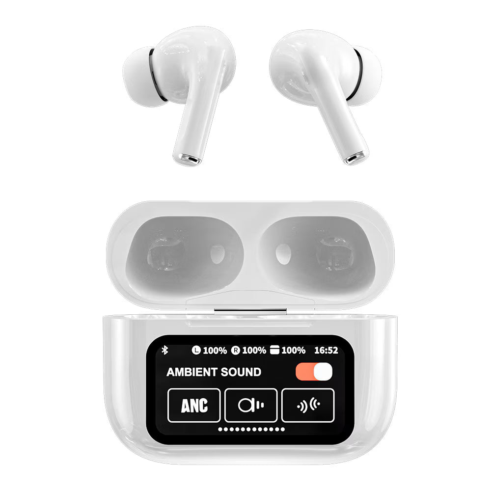 Casti Wireless Pro 9, Ecran Tactil LED, Calitate Audio HD, Tehnologie ANC + ENC, Anulare Zgomot, Alb, Autonomie 36 Ore