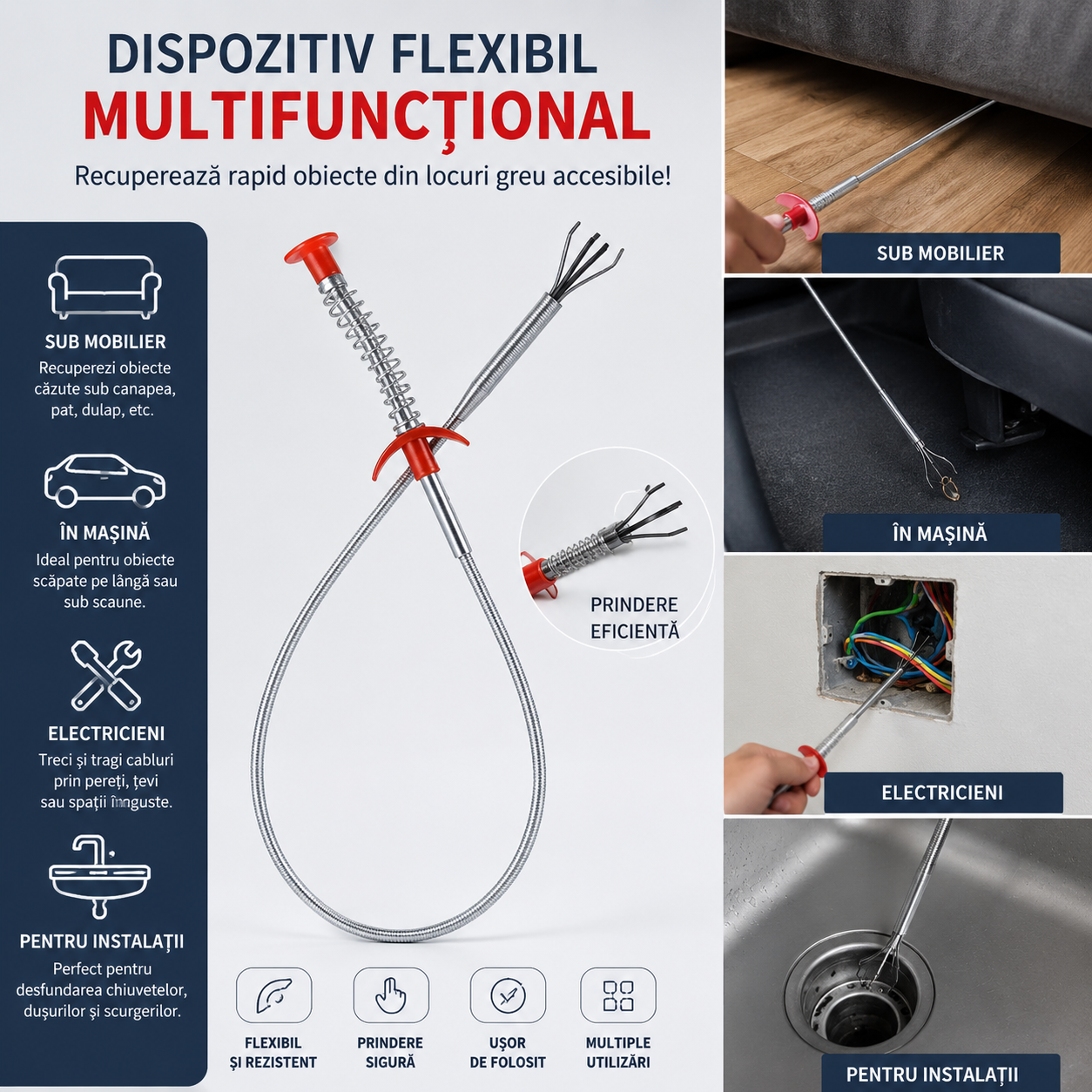Cleste recuperator flexibil cu gheare 60cm, pentru locuri greu accesibile