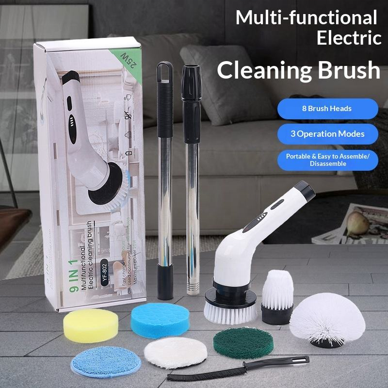 Perie electrica multifunctionala de curatare 9 in 1, YF-802, reincarcabila, fara fir, 25W, cu 9 capete, extensie telescopica, incarcare USB Type-C, pentru curatare gresie, faianta, baie, bucatarie