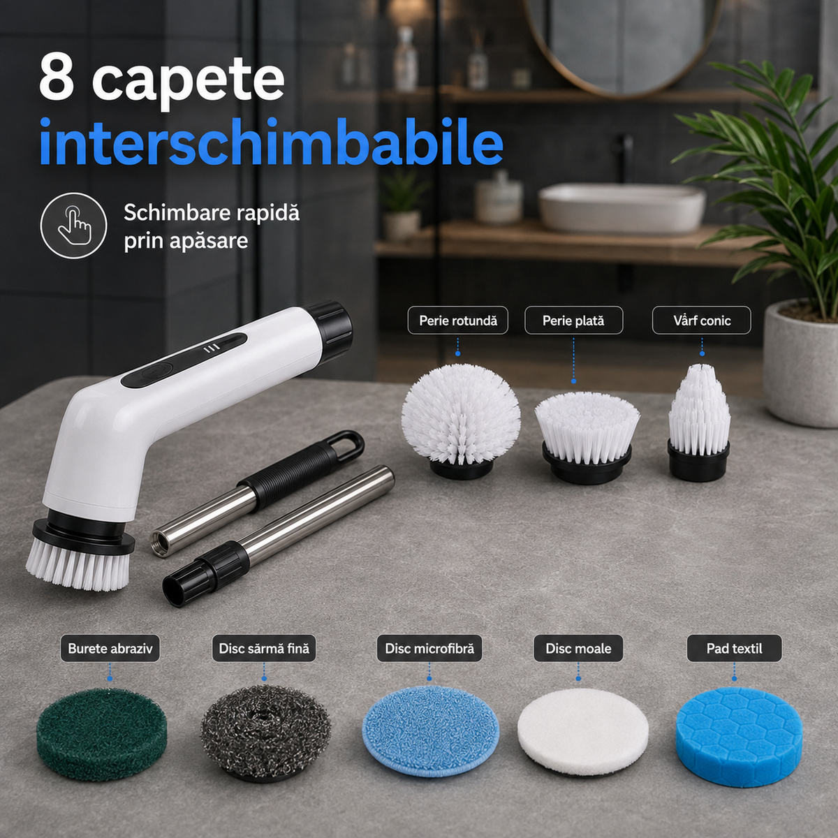 Perie electrică de curățenie 9 în 1, fără fir, cu mâner telescopic