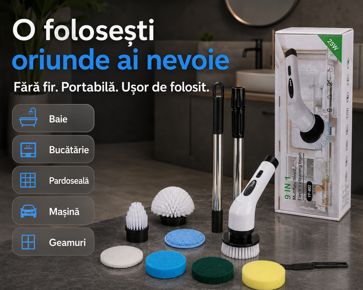 Perie electrică de curățenie 9 în 1, fără fir, cu mâner telescopic