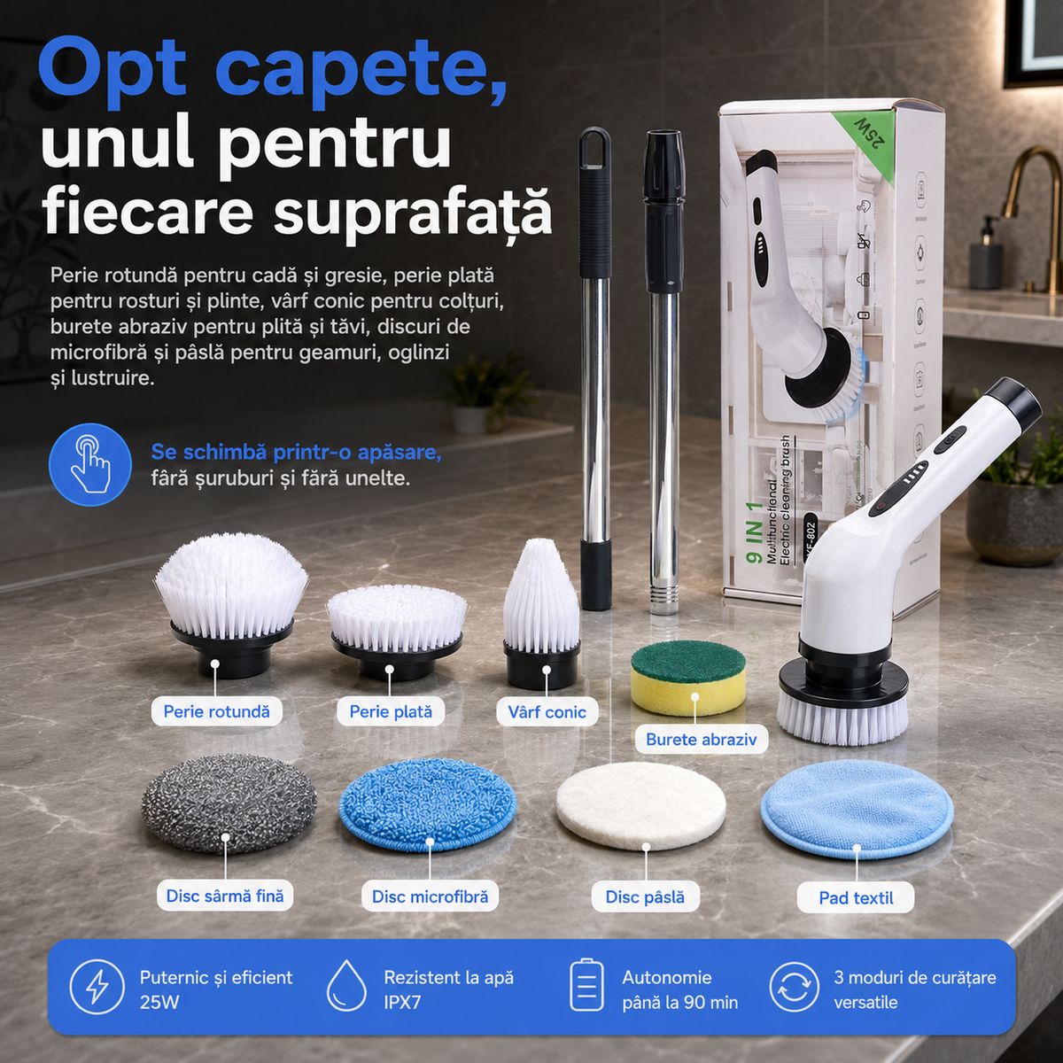 Perie electrică de curățenie 9 în 1, fără fir, cu mâner telescopic