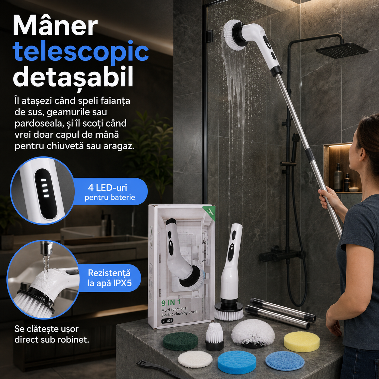 Perie electrică de curățenie 9 în 1, fără fir, cu mâner telescopic