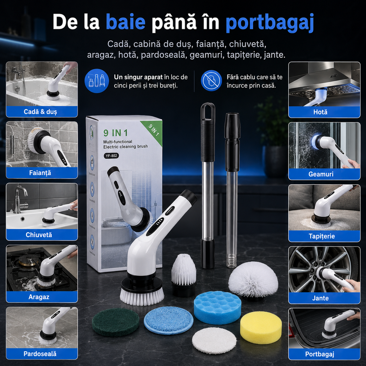 Perie electrică de curățenie 9 în 1, fără fir, cu mâner telescopic