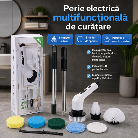 Perie electrică de curățenie 9 în 1, fără fir, cu mâner telescopic